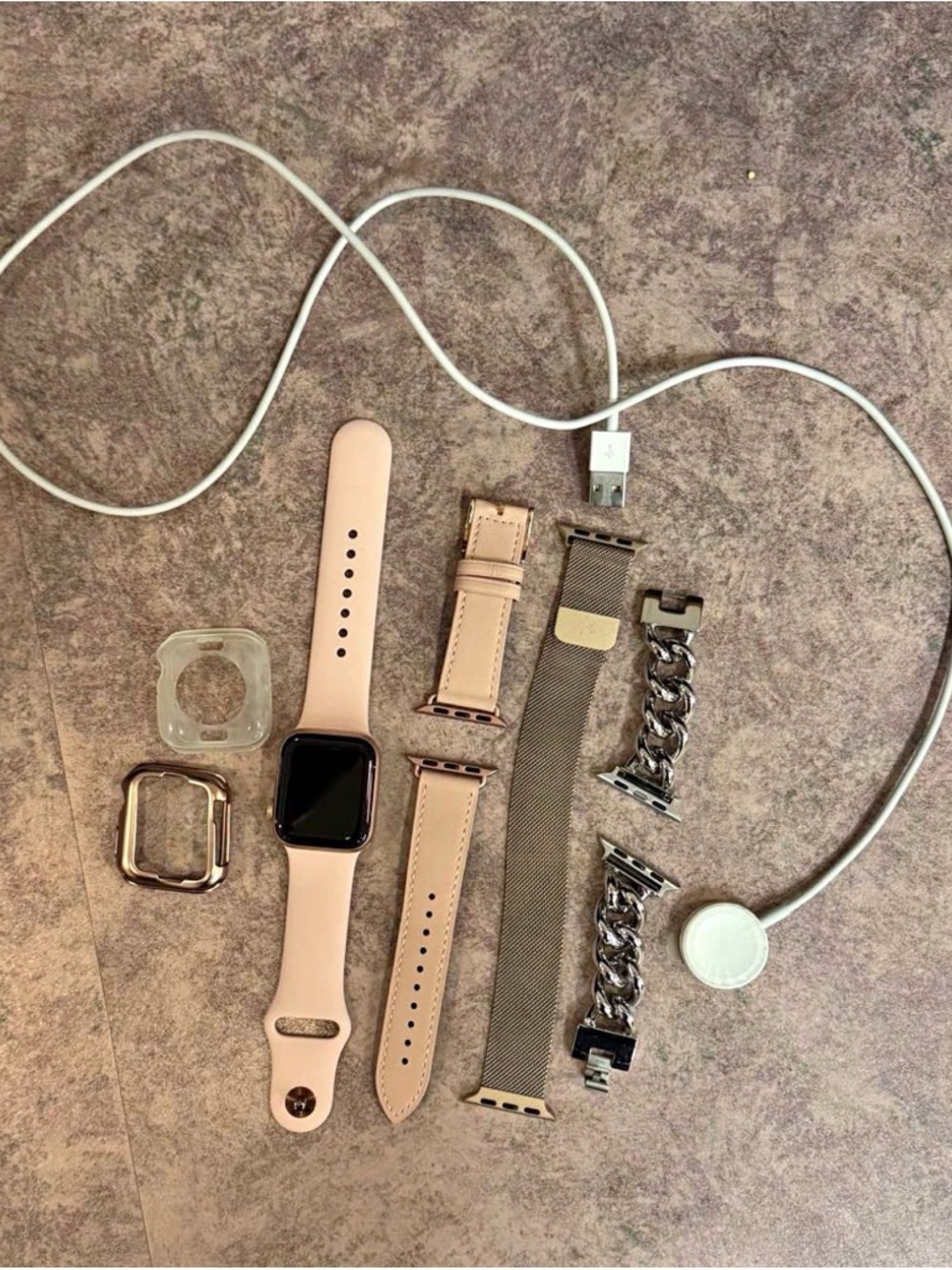 Apple Pink Watch with Multiple Bands and Charger